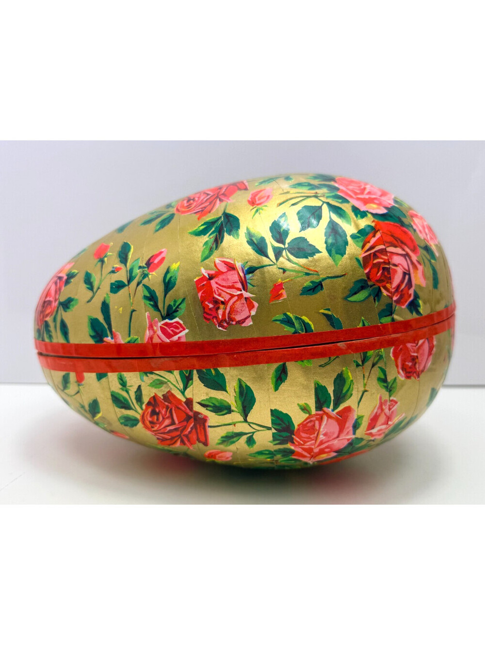 Vtg West Germany Paper Mache Large 9" Easter Egg Candy Box Rose Gold Floral